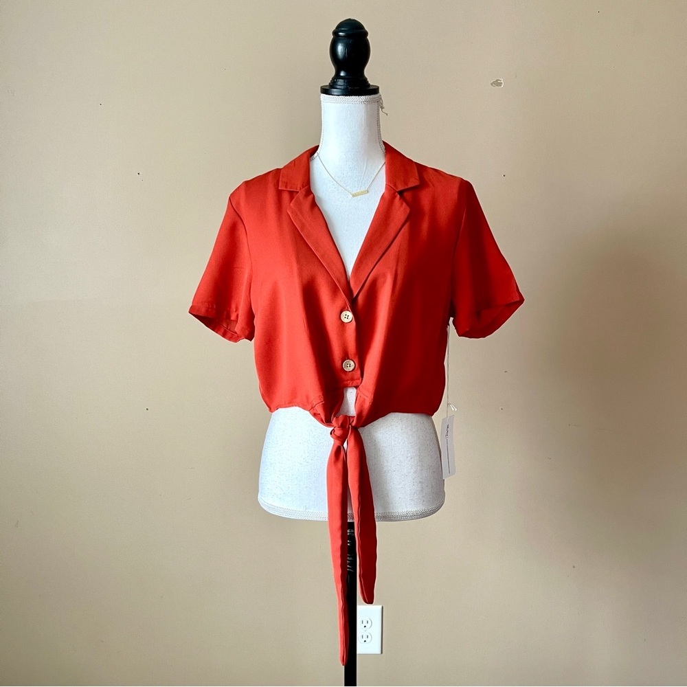 TRUTH | Burnt Orange Cropped Button Down Tie Front Blouse Sz L
